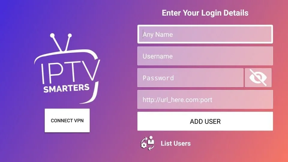 Xtream Codes API login screen in IPTV Smarters Pro showing fields for Name, Username, Password, and URL
