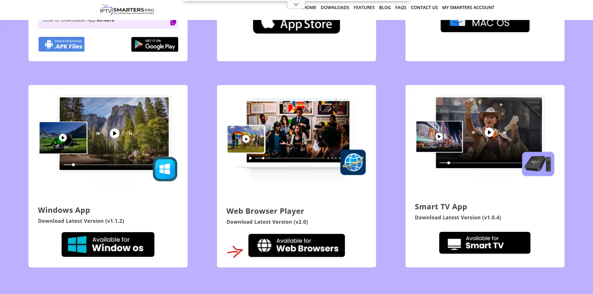 The official IPTV Smarters website download page for the Windows app
