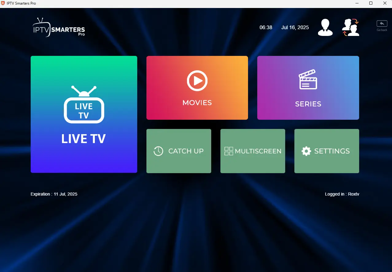 Main menu of the IPTV Smarters Pro application showing Live TV, Movies, and Series