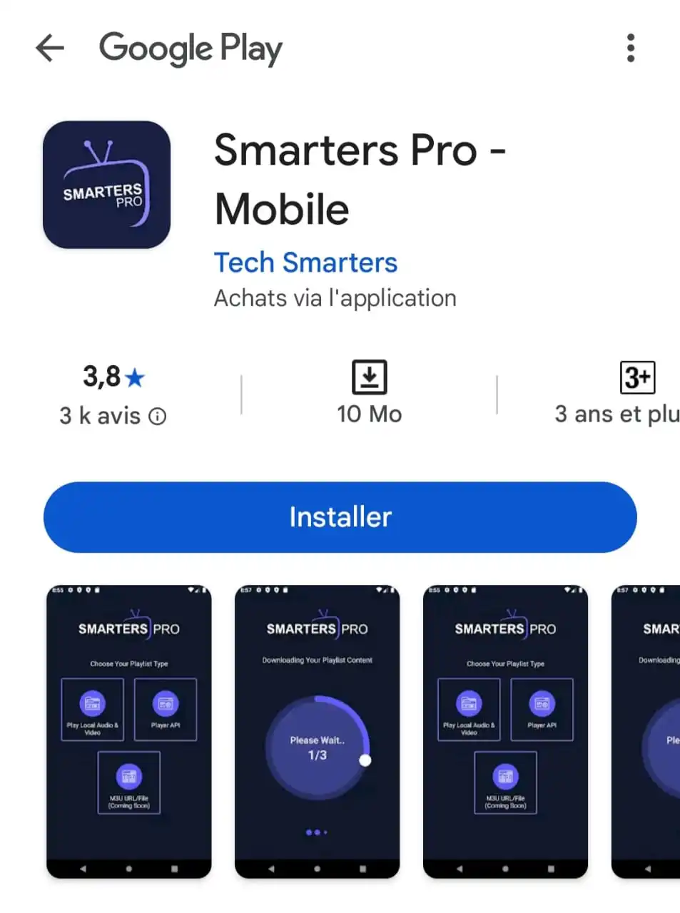 The official IPTV Smarters Pro app page in the Google Play Store