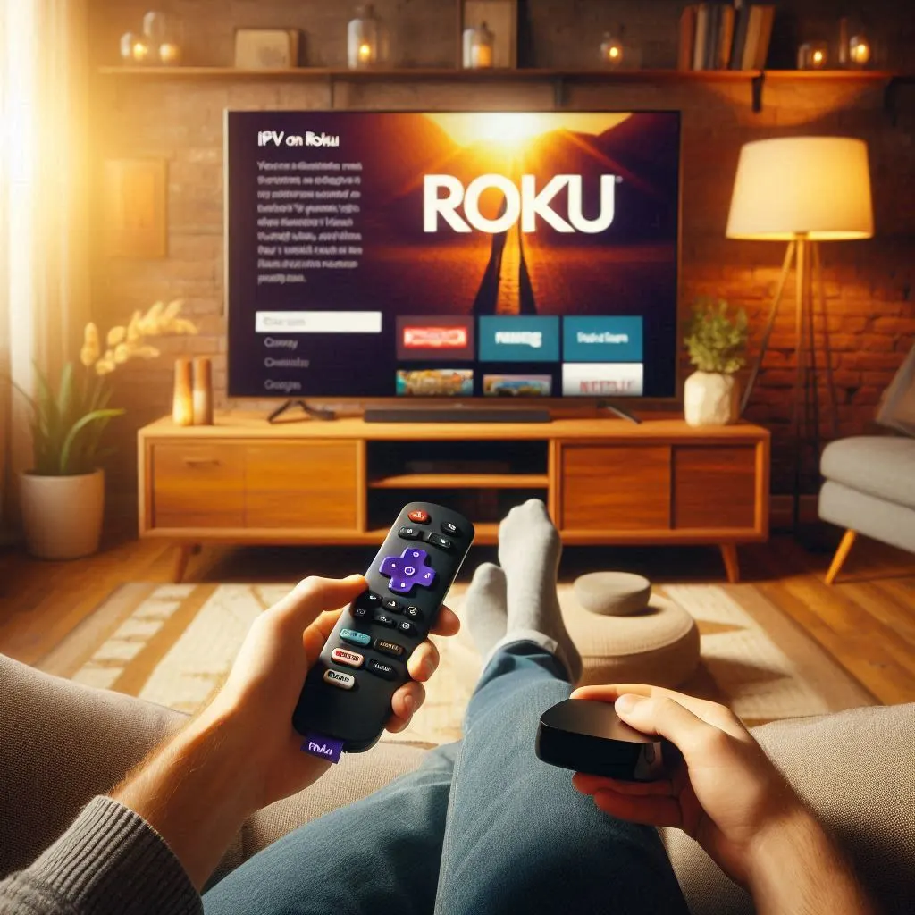 Person using Roku remote to stream IPTV in a cozy living room