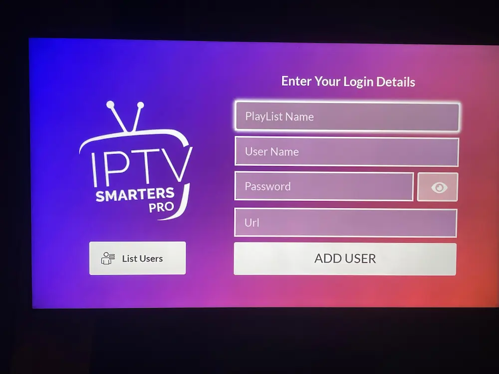 IPTV Smarters Pro login screen with subscription details on LG TV