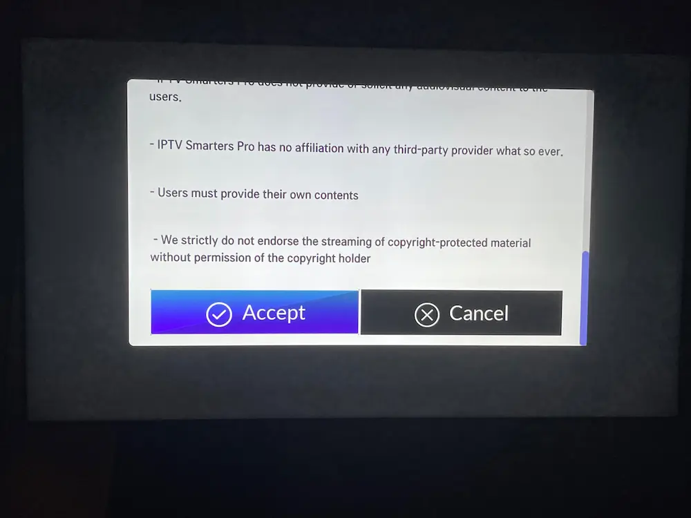 IPTV Smarters Pro license agreement screen on LG TV