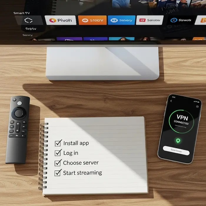 Checklist and phone showing a connected VPN for quick IPTV setup on living room devices