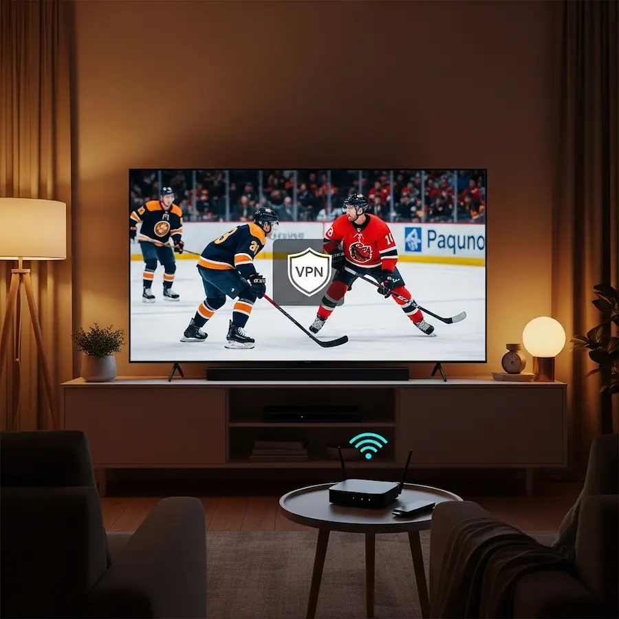 Living room TV streaming hockey via IPTV with a visible VPN shield for privacy and access