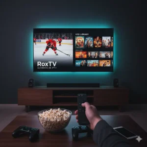Smart TV displaying a premium IPTV Canada interface showing live hockey and on-demand movies.