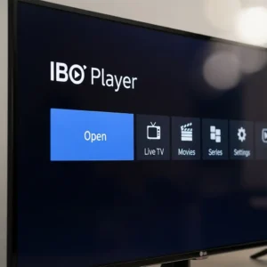 LG Smart TV displaying "IBO Player" with "Open," "Live TV," "Movies," and "Series" options.