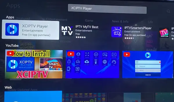 Searching for XCIPTV Player in the Smart TV app store
