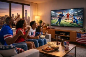 A family watching live sports on a large screen TV using the best IPTV USA service in 2026