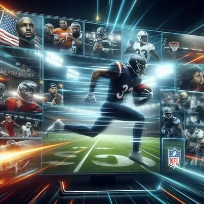 Dynamic action graphic of American football players illustrating IPTV sports packages for NFL, NBA, and live PPV events.