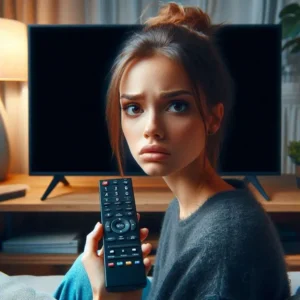 A girl frustrated by IPTV buffering on her television.