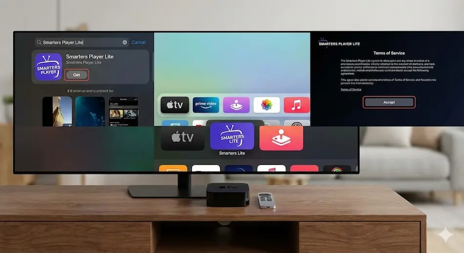 Apple TV screen showing Smarters Player Lite download in App Store