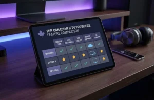 Tablet displaying a feature comparison chart of top Canadian IPTV providers.