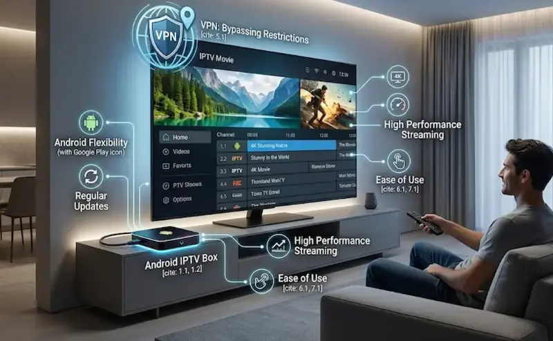Android IPTV Box with 4K Streaming, VPN Support, Regular Updates, and High Performance