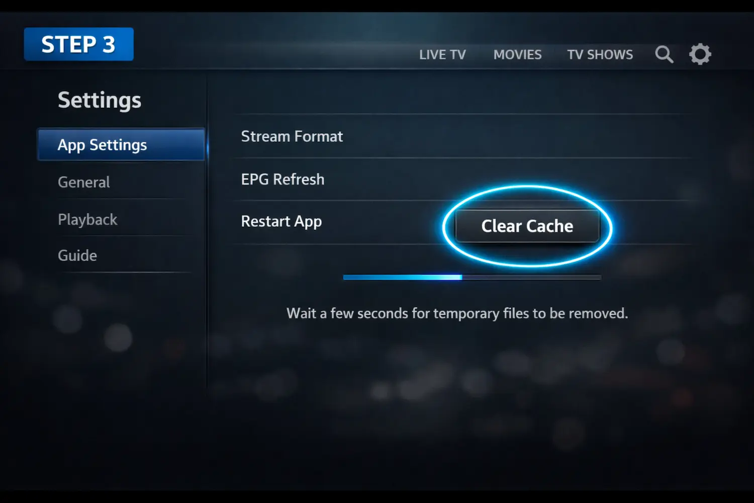 IPTV app Clear Cache in progress with progress bar showing temporary files being removed
