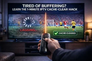 Clear cache on IPTV app to fix buffering, shown on a TV screen with remote in hand