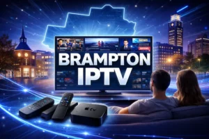 Family enjoying a reliable IPTV Brampton setup with multiple streaming devices.