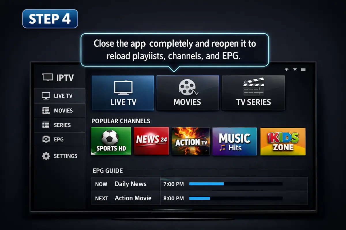 IPTV app home screen after reopening, showing playlists and channels loaded