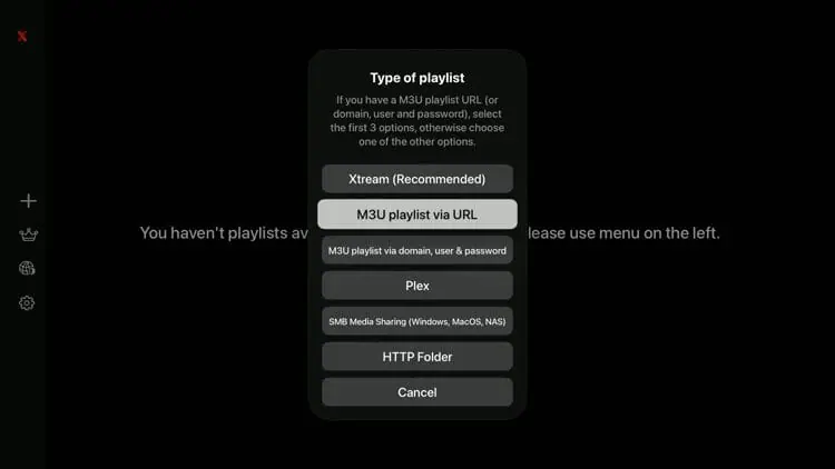 Select playlist type on IPTVX Apple TV including Xtream and M3U