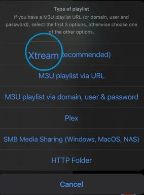 Select Xtream or M3U playlist type in IPTVX iPhone app