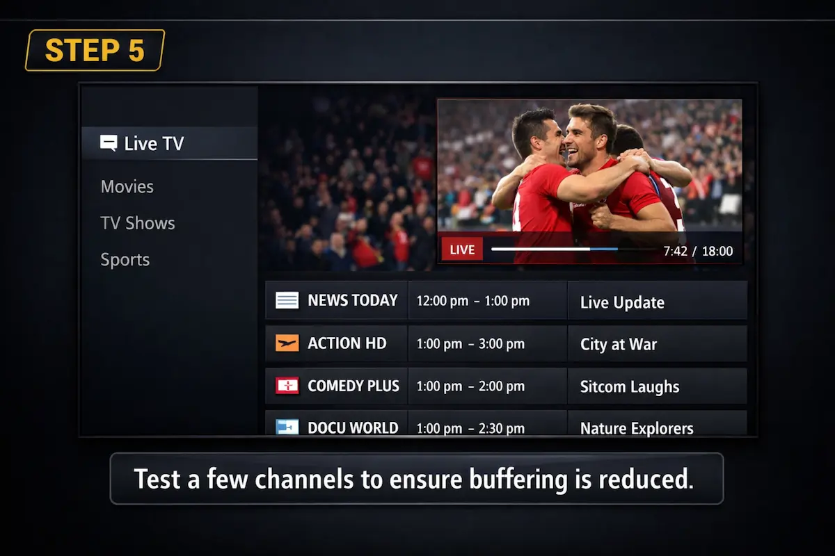 IPTV app showing smooth channel playback to verify streaming performance after clearing cache