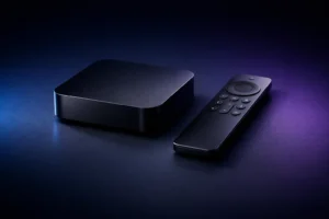 Modern IPTV box and remote on dark background for smooth 4K live TV and sports streaming