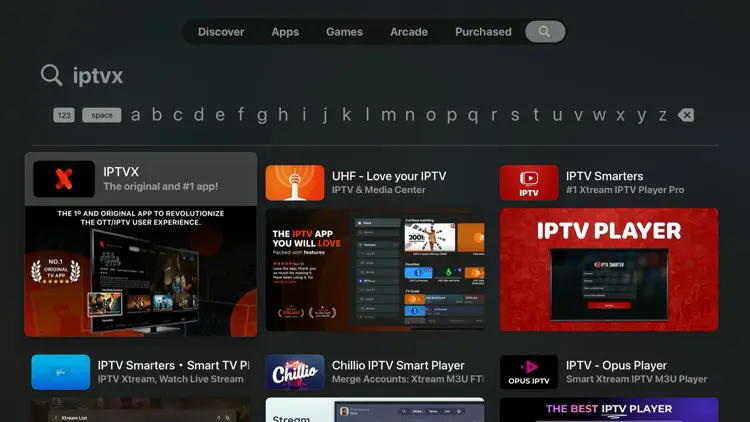 Search for IPTVX app in Apple TV App Store