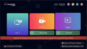 IPTV Smarters Player interface on Smart TV with Live TV, Movies, Series, EPG Guide, and Playlists menu.