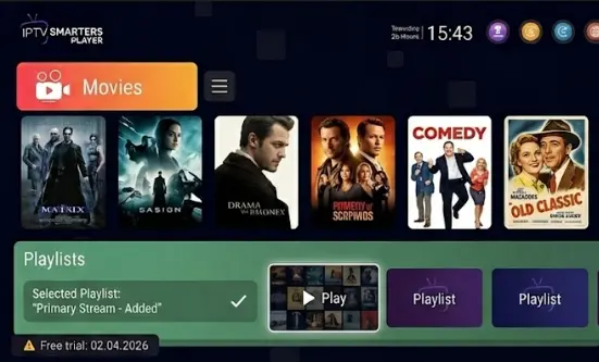IPTV Smarters Player interface on Smart TV with Live TV, Movies, Series, EPG Guide, and Playlists menu.