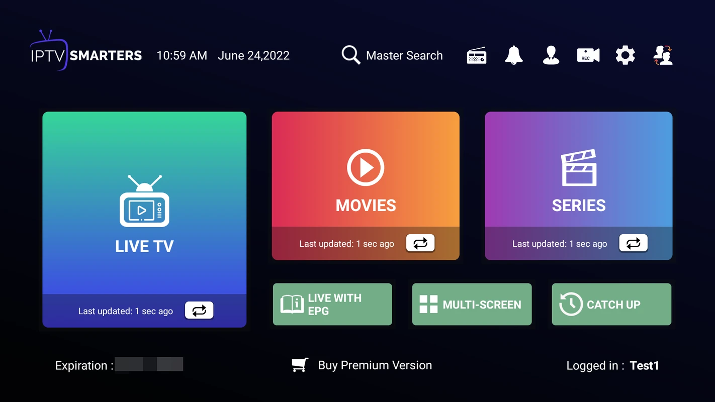 IPTV Smarters app dashboard on Android TV showing Live TV, Movies, Series, EPG, Multi-Screen and Catch Up options