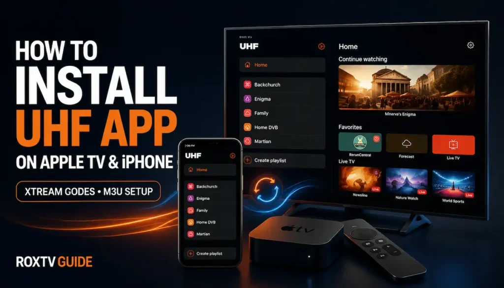 UHF IPTV app installation guide showing Apple TV, iPhone, Xtream Codes and M3U playlist setup interface