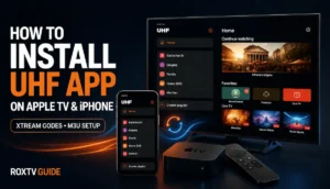 UHF IPTV app installation guide showing Apple TV, iPhone, Xtream Codes and M3U playlist setup interface