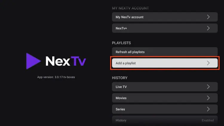 NexTV add playlist screen