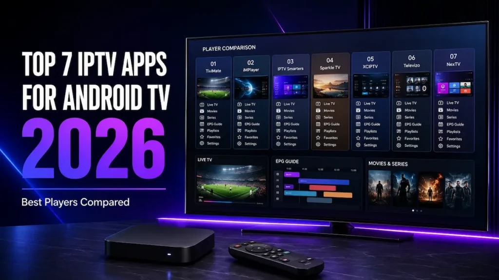 Modern Android TV setup showing a comparison of the top 7 IPTV apps for 2026 with player rankings, Live TV, movies, series, EPG guide, and streaming features