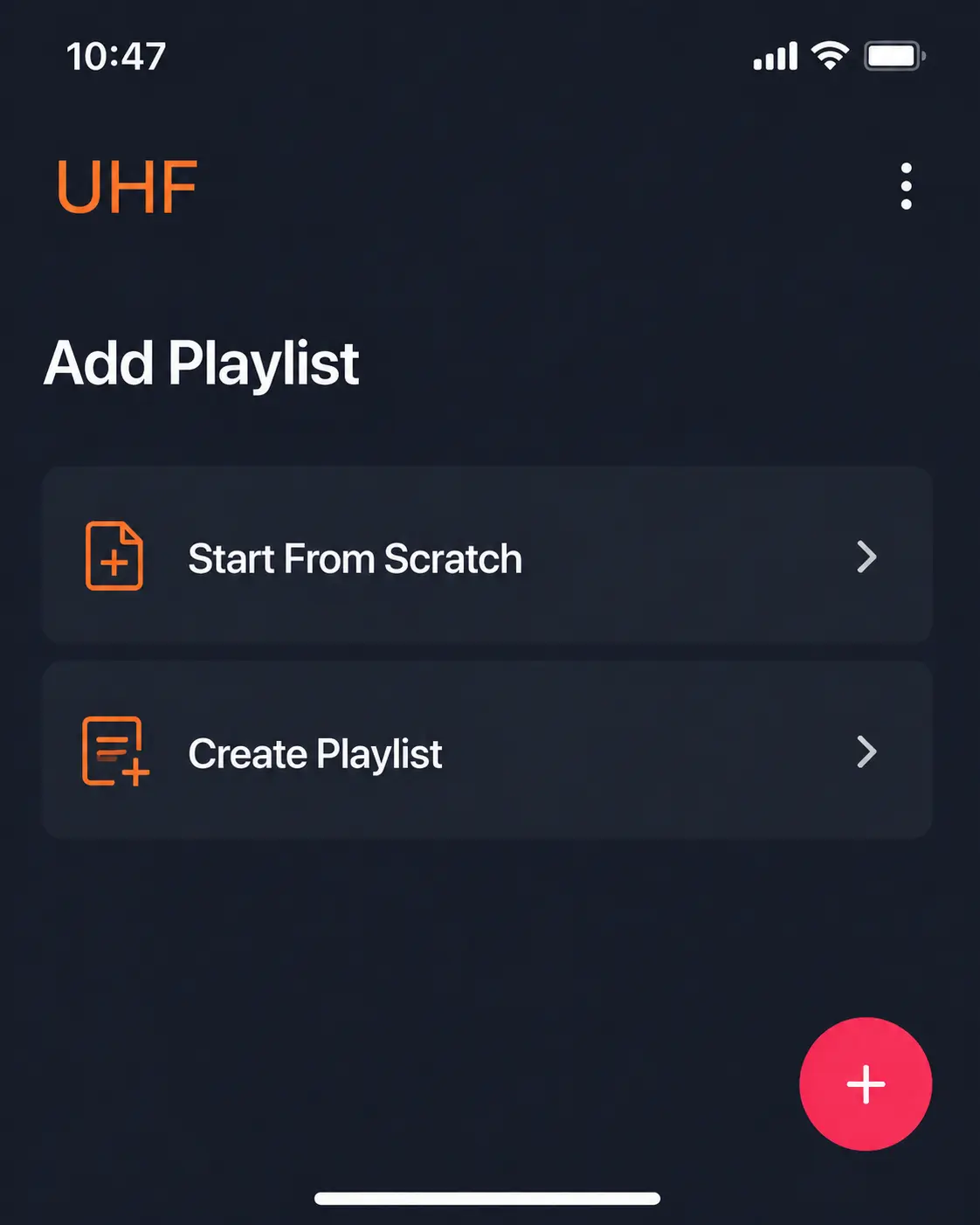 UHF Add Playlist and Start From Scratch screen on iPhone