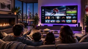 Modern Canadian home entertainment setup with IPTV streaming on Smart TV