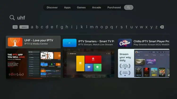 UHF IPTV app search results in the Apple TV App Store