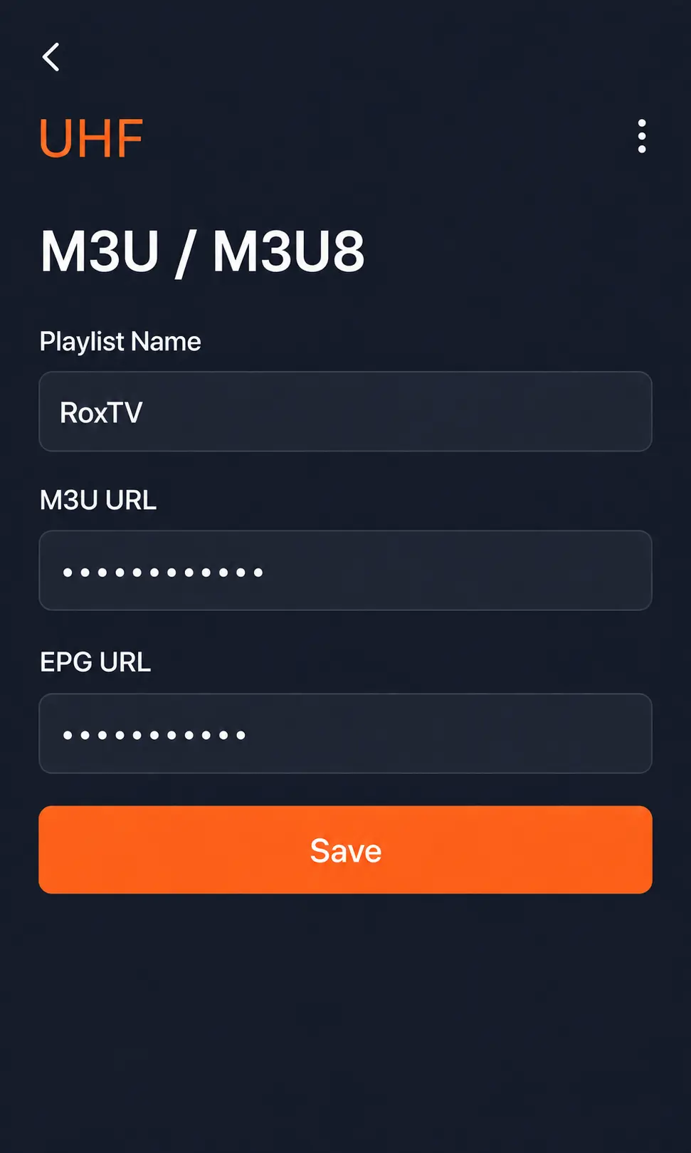 UHF M3U access details screen with blurred playlist URL