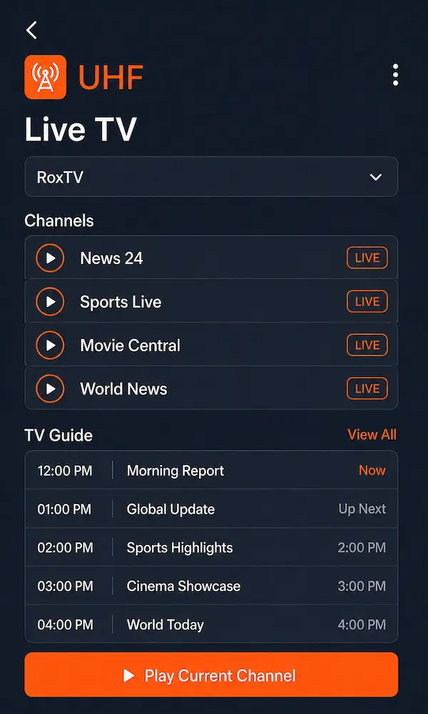 UHF IPTV live TV screen showing RoxTV channels and EPG guide on iPhone