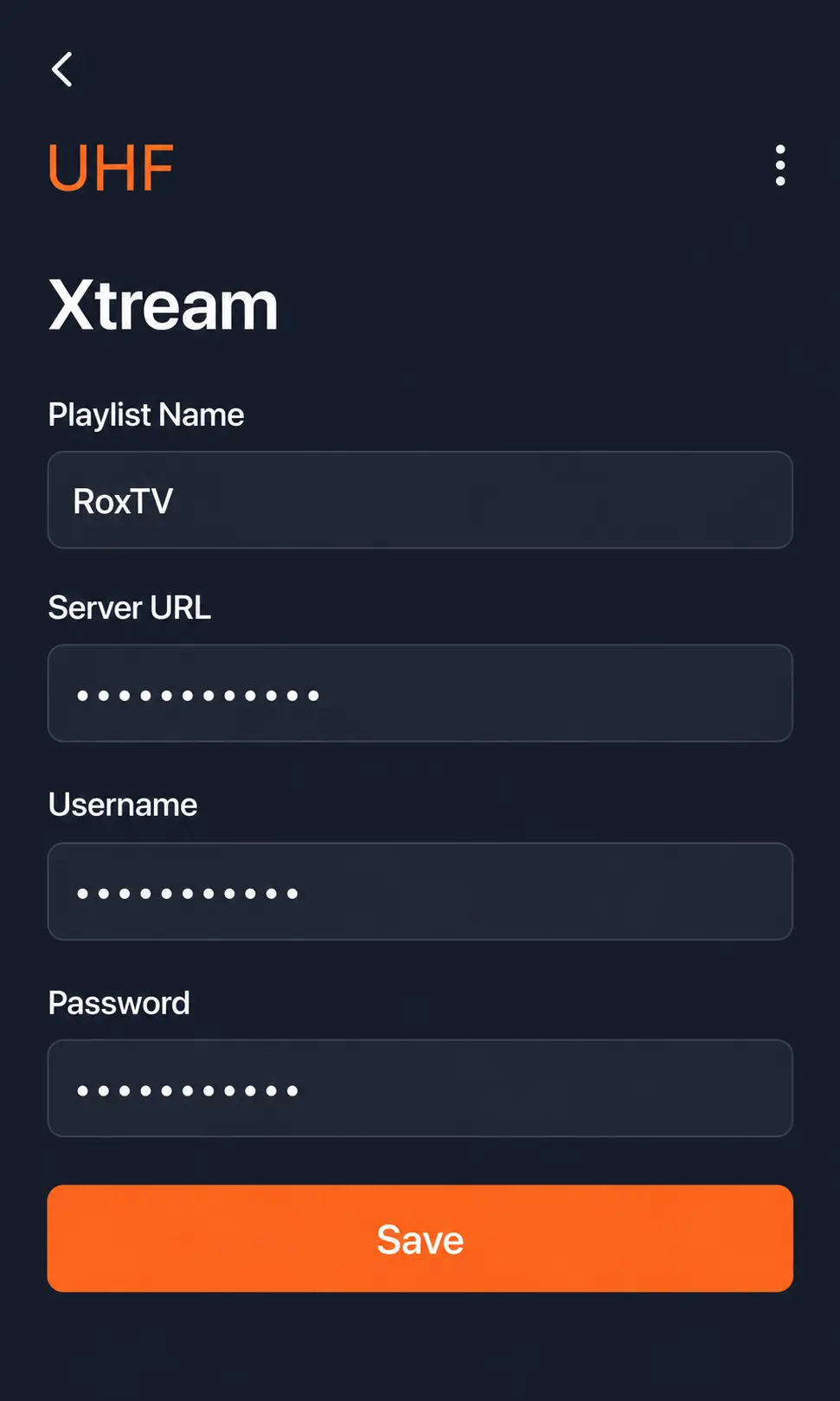 UHF Xtream Codes fields for adding a RoxTV IPTV playlist