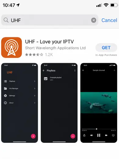 UHF IPTV app listing in the Apple App Store on iPhone