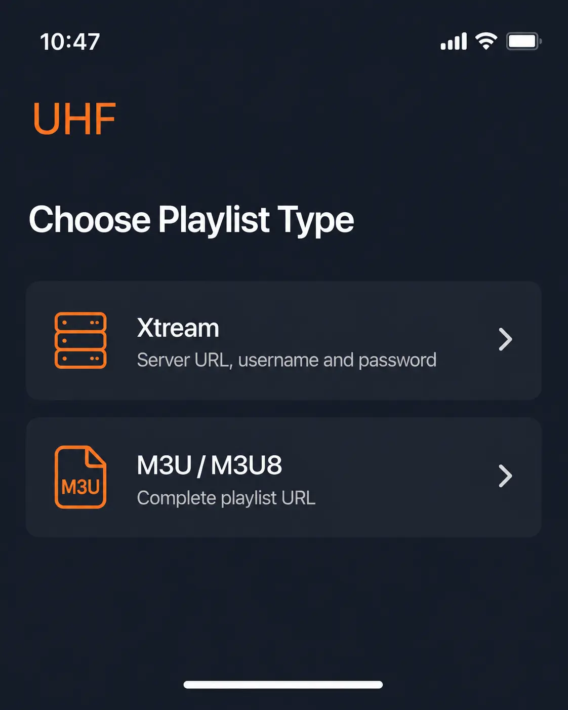 UHF Xtream and M3U/M3U8 playlist options on iPhone