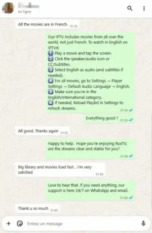 RoxTV support sets English audio and customer says big library loads fast, 4K IPTV in Canada.