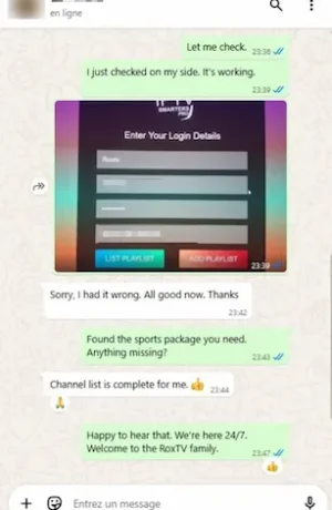 Customer logs in and confirms complete sports channel list, happy RoxTV user in Canada.